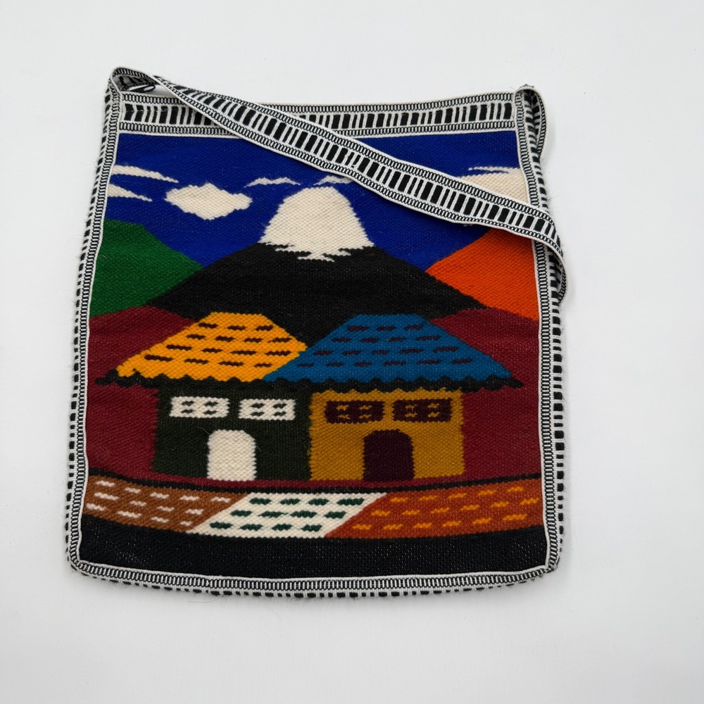 Handwoven Wool Crossbody Bag‎ South American Mountain Village Scene Multicolor